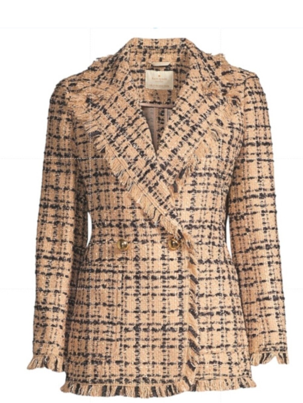 New! kate spade Beige and Navy Frayed Plaid Tweed Blazer